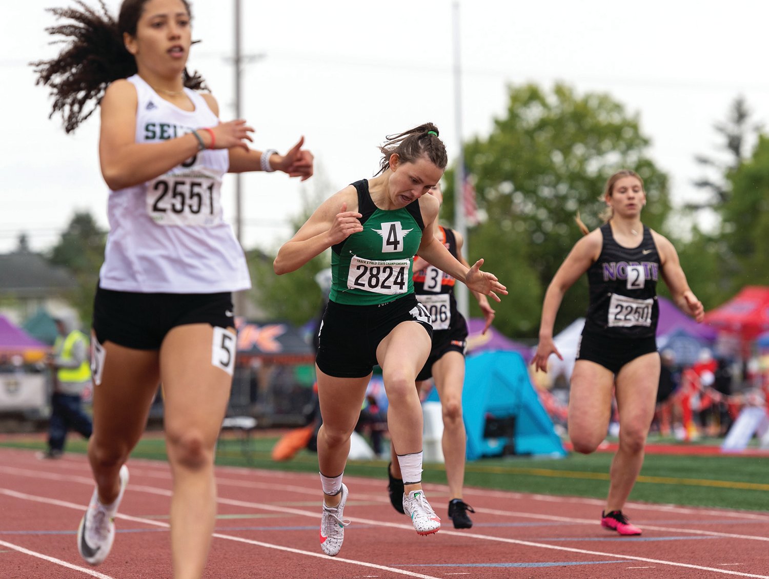 Tumwater's Annabelle Clapp crosses the finish line in the 2A Girls 400 at the 4A/3A/2A State Track and Field Championships on Saturday, May 28, 2022, at Mount Tahoma High School in Tacoma. (Joshua Hart/For The Chronicle)